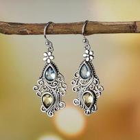 925 Earrings Vintage Ethnic Blue Sea Topaz Creative Passion Flower Water Drop Pear Shaped Earrings mėlyna