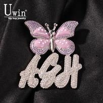 Name Necklace Brush Letters With Butterfly Custom Initial Pendant Iced Out Personalised Necklace Gift Drop Shipping gray
