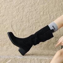 Krazing Pot Cow Suede Nubuck Autumn Winter Shoes Med Heels Chelsea Boots Round Toe Keep Warm Slip on Thigh High Boots 34 juoda