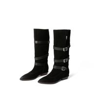 Krazing Pot Cow Suede Nubuck Autumn Winter Shoes Fashion Boots Pointed Toe Keep Warm Med Heels Belt Buckle Decoration Thigh High Boots 34 juoda