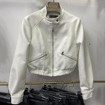 Retro Hong Kong style stand collar pu leather zipper long sleeve jacket autumn and winter new motorcycle leather short jacket for women S