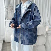 Men's casual jacket Hong Kong style men's spring new style loose plaid jacket hooded top trendy style M