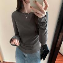 Fungus Edge Round Neck Solid Color Stretch Long-sleeved T-shirt Women's Autumn and Winter New Basic Style Inner Layering Top XL black