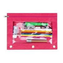 Large Capacity Pencil Case 3 Ring Binder Clear Window Design Zipper Closure Pen Storage Bag rožinė