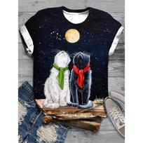 Cat Butterfly Moon T Shirt For Women Animal 3D Printed Tees Summer Oversized Tops Short Sleeves Round Neck T-Shirts Streetwear 6XL blue