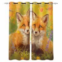 Two Foxes With Maple Leaves In Autumn Blackout Curtains For Living Room Bedroom Window Treatment Blinds Drapes W135 x H60cm beige