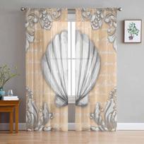 Text Stone Carving Shell Natural Color Sheer Curtain Living Room Drapes Home Bedroom Voile Curtain Tulle Window Curtain W135 x H114cm