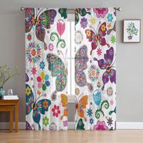 Butterfly Flower Art Floral Curtain Window Tulle For Living Room Bedroom The Kitchen Window Treatment Decorations Curtains W135 x H114cm blue