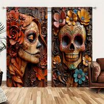 2pcs Wooden Carving Skeleton Love Printed Curtain for Halloween Home Decor - Rod Pocket Window Treatment for Bedroom, Office 52.5cmX116cm X 2pcs