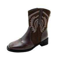 Madingi didelio dydžio vakarietiški batai Nauji 2024 m. rudens/žiemos kvadratiniu priekiu vintažiniai siuvinėti stambiu kulnu ankle boots 42 juoda