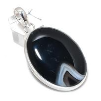 Juostuotasis Agato Brangakmenis Rankų Darbo 925 Sterlingo Sidabro Papuošalo Pakabukas 2.44  p3z51 black