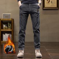 Men's Straight Leg Fleece-Lined Denim Pants, Men's Classic Design Jeans, Versatile for Autumn/Winter 28