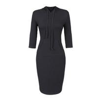 Autumn Hooded Dress with Big Pocket Slim Fit Drawstring Elastic Solid Color Sheath Mini Dress 3/4 Sleeves Casual Office Party Wear Dress XXL