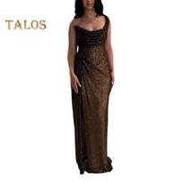 Lady Slit Dress One Shoulder Slim Waist Evening Dress Sequin Pleated Prom Party Maxi Dress Backless Sleeveless Collarless Ball Gown S black