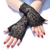Puspirštės nėriniuotos pirštinės moterims, elastingos tinklelio pirštinės, kokteilių vakarėlio, seksualios pirštinės, gotikinės pankroko pirštinės, nuo saulės, kvėpuojančios juoda