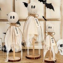 Rustic Ghost Figurine Set for Seasonal Spooky Celebrations - Manufactured Wood Ghosts with Stand for Tabletop, Shelf & Mantel Display, Ghost ornament beige