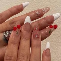 24 Pieces Simple and Sweet Almond Nail Wearing French White Edge Cherry Bow Nail Art New Valentine's Day Nail Art Piece