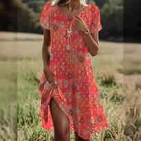 BITCED Summer Literary Ethnic Style Big O-Neck Mid-Length Dress S