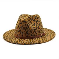 British Woolen Jazz Top Hat Men And Women Big Eaves Hat Fashion Leopard Print Flat Edge Hat Felt Hat M（56-58cm） chaki
