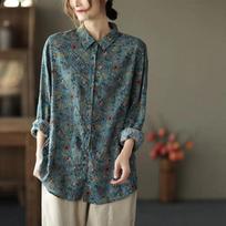 Vintage Printed Lapel Button All-match Floral Shirt Women Clothing Autumn Loose Casual Tops Long Sleeve Commute Blouse XXXL