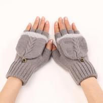 Women Knitted Flip Fingerless Gloves Mittens Winter Warm Thickening Glove One Size chaki