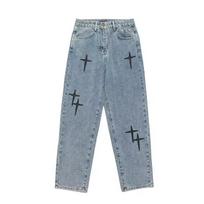 Prints Jeans Men New Streetwear Baggy Wide Leg Jeans Korean Fashion Drapes Straight Casual Loose Denim Cargo Pants S mėlyna