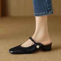 Krazing Pot Mules Sheepskin Spring Summer Size 41 Thick Heels Women Square Toe Hollow Decoration Breathable Slip on Pumps 35 juoda