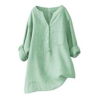 Women Shirt V-Neck Button Detail 45720 Sleeve Pullover Tops Solid Color XXXL šviesiai žalios spalvos