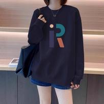 Navy Blue Letter Printed Sweatshirt for Women's Spring, Autumn and Winter New Style Plush Thick Round Neck Pullover Top Slim Jacket M
