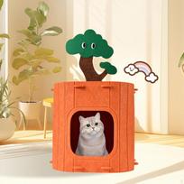Cat Hideaway House for Indoor Outdoor Use with Enclosed Bed 33cmx33cmx26cm beige