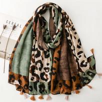 Ladies Retro Scarf Thick Green Leopard Print Silk Scarf Warm Fringed Shawl Accessories 180*80cm gray