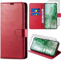 Case + 2 Tempered Glasses for Google Pixel 8 Pro - PU Leather Flip Case Anti-Scratch - Red