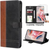 2 Verres Trempés+ Coque pour Redmi Note 12 5G - Protection Intégrale Effet Cuir Marron-Noir