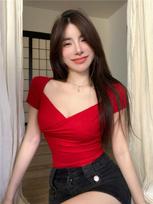 Women's Red Square Collar Cotton Short Sleeve Top