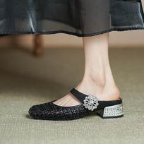 Krazing Pot Summer mules Size 43 Size 42 Sandals Women Crystal Heels Women round Toe flip flops Diamond Pumps 35 juoda