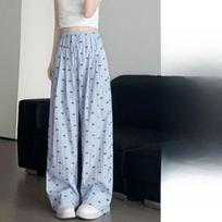 Bow-tie Printed Casual Pants Women's Summer New High-waisted Drape Straight and Thin Lazy Wide-leg Trousers M mėlyna