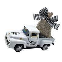 Farmhouses Coffee Bar Decors Mini Metal Truck Model with Removable Burlap Bag Decors for Kitchen and Tiered Tray Display balta