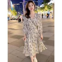 French High-end V-neck Floral Skirt for Women's Summer New Waist and Thin A-shaped Medium-length Pendulum Skirt for Women M