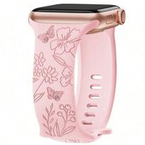 Strap for Apple Watch 38mm-40mm-41mm Series 9 8 SE 7 6 5 4 3 2 1/42mm (Series 10/11) Silicone Relief Butterfly Flower - Pink