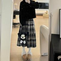 Spring and Autumn High Waist A-word Umbrella Skirt Japanese Retro Medium and Long Plaid Skirt S