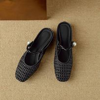 Krazing Pot Microfiber Mules Weaving Summer Size 41 Low Heels Pearl-studded Party Shoes Women Square Toe Gladiator Hollow Out Pumps 35 juoda