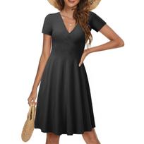 Women's  Casual Fasion Solid Color Cross V-neck Short-sleeve Waist A-line Big Swing Dress S juoda