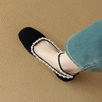 Krazing Pot Suede Sheepskin Summer Size 40 Pearl Beading Low Heels Ankle Straps Rhinestone Square Toe Elegant Sweety Pumps 35 juoda