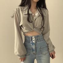 Hong Kong Retro V-Neck Slim Long Sleeve Shirt for Women - Spring Style Short Top S