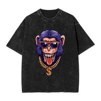 Funny Hip-hop monkey washed t-shirt Men rich Y2K retro cotton T-shirts Summer round neck tee shirt DIY big size tops S