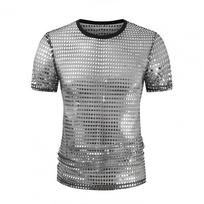 Sequined T-Shirt for Men Sparkling Dot Jazz Modern Dance T-Shirt Round Neck Short Sleeve Performance Tops 1970s Disco Tops Night M sidabras
