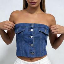 Women's Short Slim And Sexy Denim Strapless Top L mėlyna