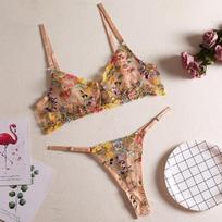 Ladies Sexy Color Lace Sling Bra Lace-Up Panties Two-piece Split Sexy Suit With Steel Ring L brown