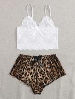 New European and American erotic underwear, sexy lace chest wrap, leopard print shorts two-piece set S