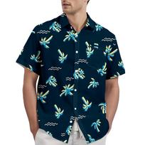 Men Casual Short Sleeve Button Down Shirt Textured Striped Pattern Printed Shirt with Classic Collar Summer Beachwear L